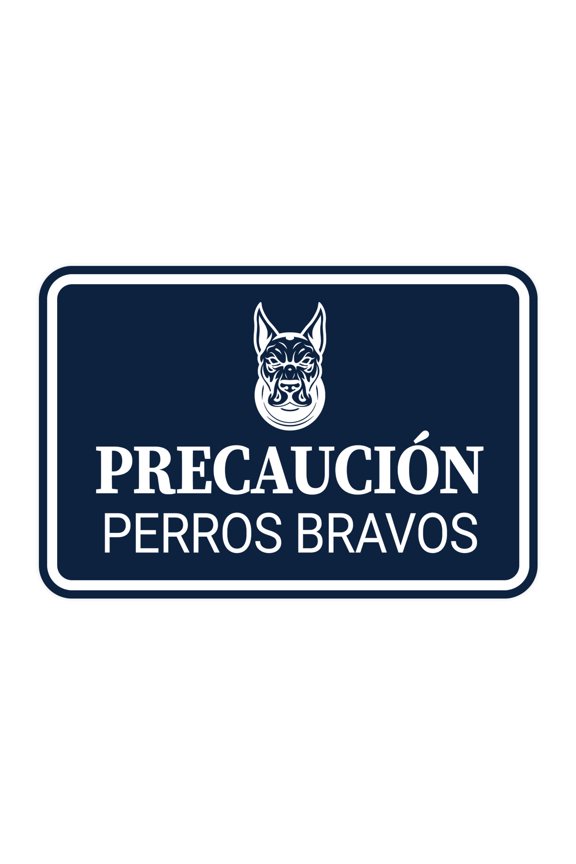 Classic Framed Precaución Perros Bravos Graphic Security Business Sign (Navy Blue / White) - Small
