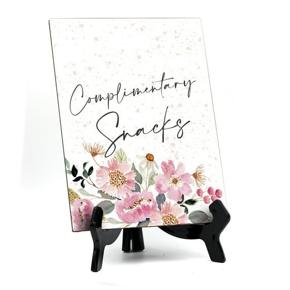 Signs ByLITA Complimentary Snacks Table Sign with Easel, Floral Watercolor Design (6" x 8")