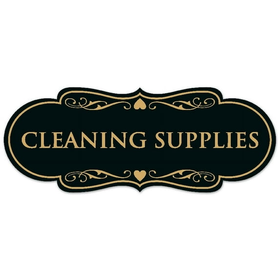 Signs ByLITA Designer Cleaning Supplies Sign - Easy Installation | Durable Wall or Door Sign (Black /Gold) - Small