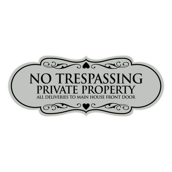 Signs ByLITA Designer No Trespassing Private Property Sign All Deliveries to Main House Front Door Sign (Lt Gray) - Large