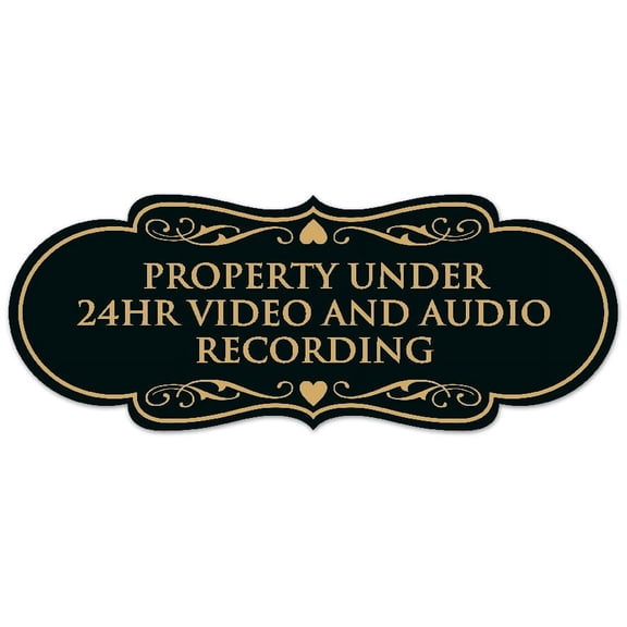 Signs ByLITA Designer Property Under 24hr Audio and Video Recording Sign - Easy Installation | Durable Wall or Door Sign (Black/Gold) - Small