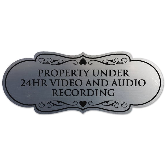 Signs ByLITA Designer Property Under 24hr Audio and Video Recording Sign - Easy Installation | Durable Wall or Door Sign (Brushed Silver) - Medium