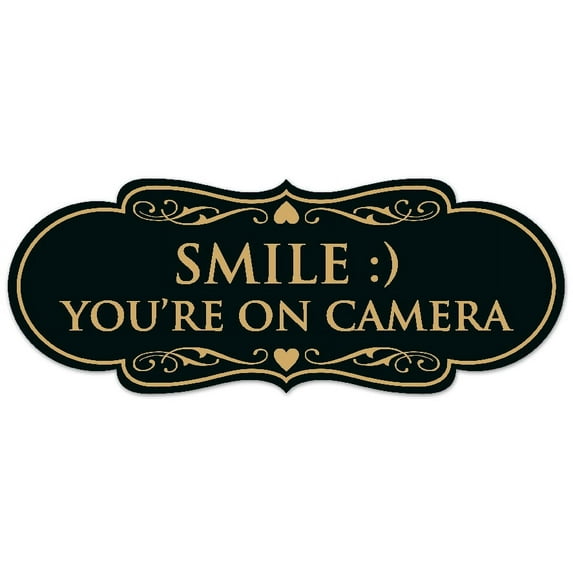 Signs ByLITA Designer Smile You're on Camera Sign - Easy Installation | Durable Wall or Door Sign (Black Gold) - Large