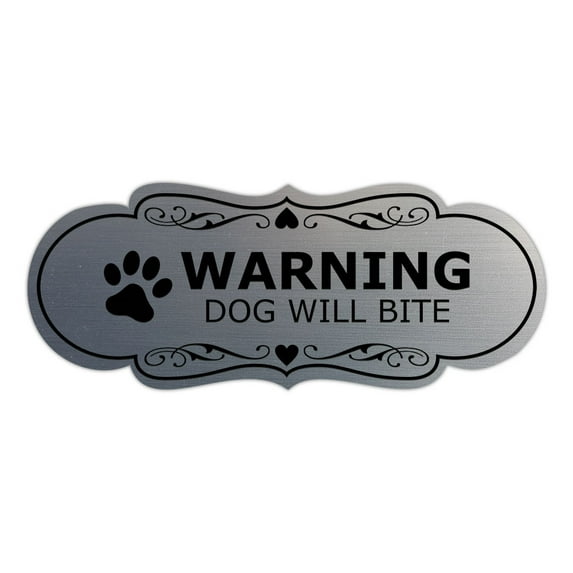 Signs ByLITA Designer Warning Dog Will Bite Sign (Brushed Silver) - Medium