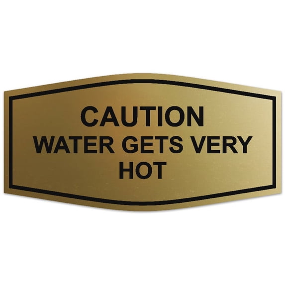 Signs ByLITA Fancy Caution Water Gets Very Hot Sign - Laser-Engraved Lettering | Durable ABS Plastic | Vibrant Colors | Powerful Foam Tape (Brushed Gold) - Large