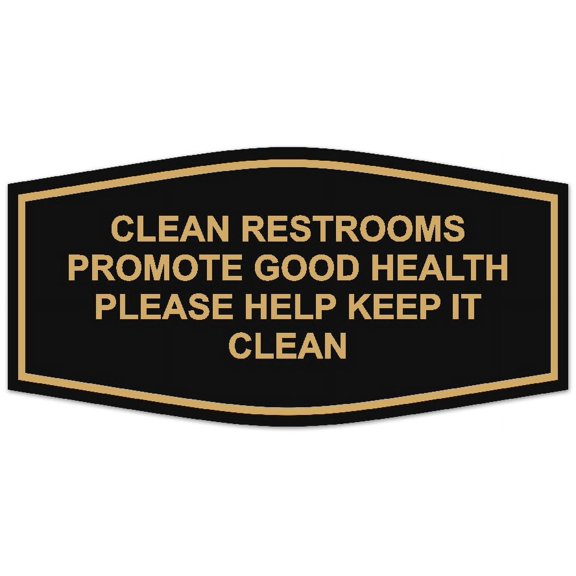 Signs ByLITA Fancy Clean Restrooms Promote Good Health Please Help Keep It Clean Sign - Laser-Engraved Lettering | Durable ABS Plastic | Vibrant Colors | Powerful Foam Tape (Black /Gold) - Small