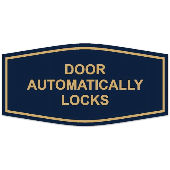Signs ByLITA Fancy Door Automatically Locks Sign - Laser-Engraved Lettering | Durable ABS Plastic | Vibrant Colors | Powerful Foam Tape (Navy Blue/Gold) - Small