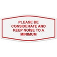 thumbnail image 1 of Signs ByLITA Fancy Please Be Considerate and Keep Noise to a Minimum Sign - Laser-Engraved Lettering | Durable ABS Plastic | Vibrant Colors | Powerful Foam Tape (White/Red) - Small, 1 of 2