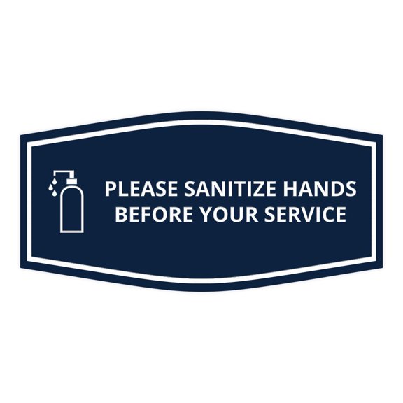 Signs ByLITA Fancy Please Sanitize Hands Before Your Service Easy Installation | Durable Construction | Barbers | Grooming and Styling | Hair Sign (Navy Blue / White) - Small