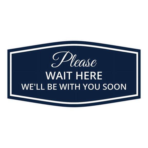 Signs ByLITA Fancy Please Wait Here for Your Turn. We'll Be With You Soon Easy Installation | Durable Construction | Barbers | Grooming and Styling | Hair Sign (Navy Blue / White) - Small