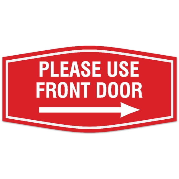 Signs ByLITA Fancy Please use front door right arrow Sign - Laser-Engraved Lettering | Durable ABS Plastic | Vibrant Colors | Powerful Foam Tape Sign (Red) - Small