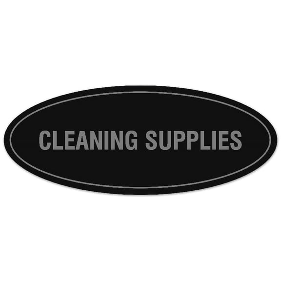 Signs ByLITA Oval CLEANING SUPPLIES Sign - Laser-Engraved Lettering | Durable ABS Plastic | Vibrant Colors | Powerful Foam Tape (Black / Silver) - Small