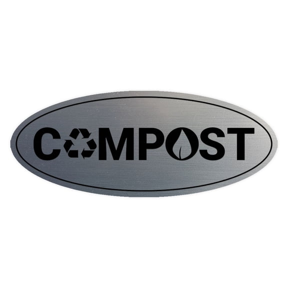 Signs ByLITA Oval Compost Sign - Laser-Engraved Lettering | Durable ABS Plastic | Vibrant Colors | Powerful Foam Tape (Brushed Silver) - Small