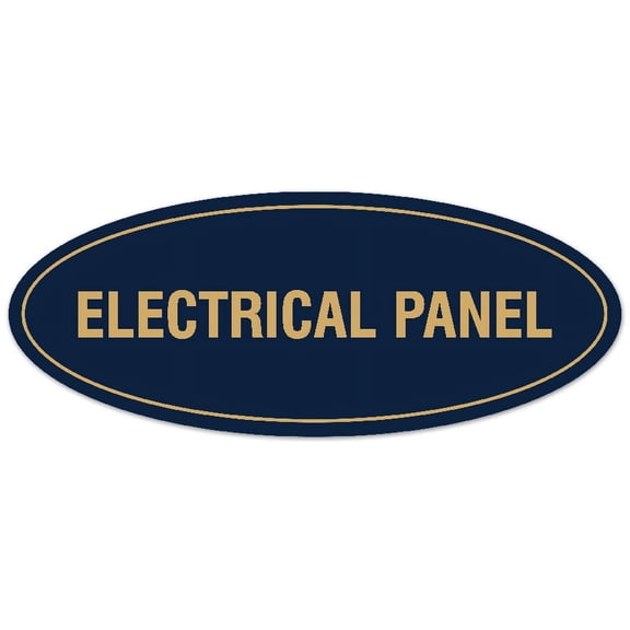Signs ByLITA Oval Electrical Panel Sign - Laser-Engraved Lettering | Durable ABS Plastic | Vibrant Colors | Powerful Foam Tape (Navy Blue/Gold) - Small