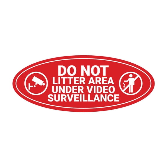 Signs ByLITA Oval Do Not Litter Area Under Video Surveillance Sign - Laser-Engraved Lettering | Durable ABS Plastic | Vibrant Colors | Powerful Foam Tape (Red) - Large