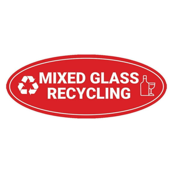 Signs ByLITA Oval Mixed glass recycling Sign - Laser-Engraved Lettering | Durable ABS Plastic | Vibrant Colors | Powerful Foam Tape (Red) - Large
