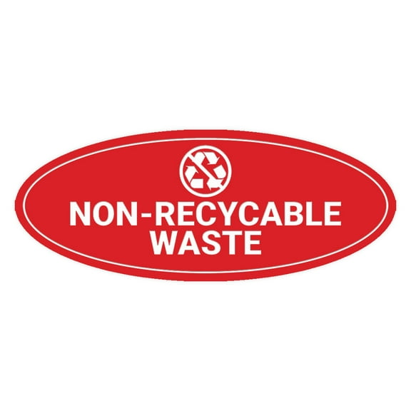 Signs ByLITA Oval Non-recyclable waste Sign - Laser-Engraved Lettering | Durable ABS Plastic | Vibrant Colors | Powerful Foam Tape (Red) - Medium
