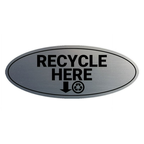 Signs ByLITA Oval Recycle here Sign - Laser-Engraved Lettering | Durable ABS Plastic | Vibrant Colors | Powerful Foam Tape (Brushed Silver) - Small