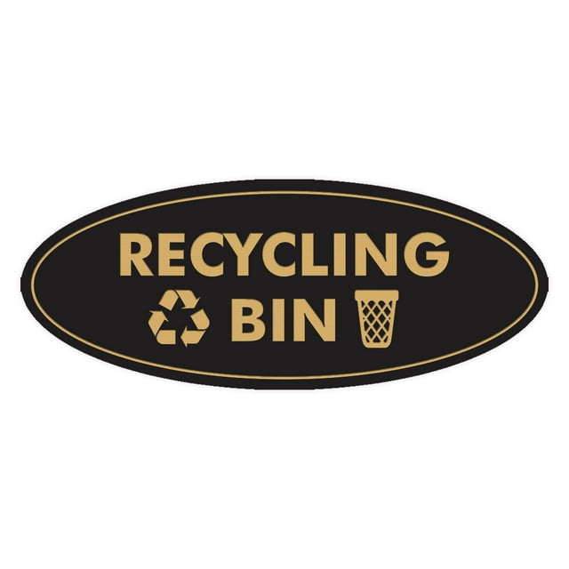 Signs ByLITA Oval Recycling bin Sign - Laser-Engraved Lettering | Durable ABS Plastic | Vibrant Colors | Powerful Foam Tape (Black /Gold) - Small