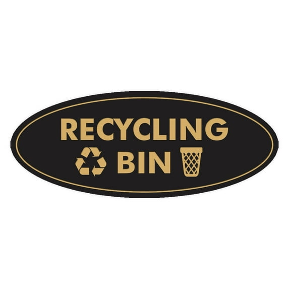 Signs ByLITA Oval Recycling bin Sign - Laser-Engraved Lettering | Durable ABS Plastic | Vibrant Colors | Powerful Foam Tape (Black /Gold) - Small