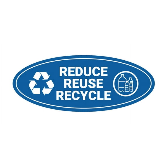 Signs ByLITA Oval Reduce Reuse Recycle Sign - Laser-Engraved Lettering | Durable ABS Plastic | Vibrant Colors | Powerful Foam Tape (Blue) - Medium