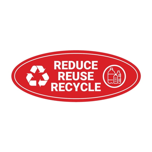 Signs ByLITA Oval Reduce Reuse Recycle Sign - Laser-Engraved Lettering | Durable ABS Plastic | Vibrant Colors | Powerful Foam Tape (Red) - Small