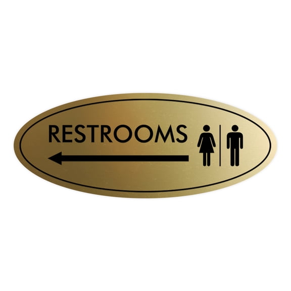 Signs ByLITA Oval Restrooms Left Arrow Sign (Brushed Gold) - Large 3.6x9"