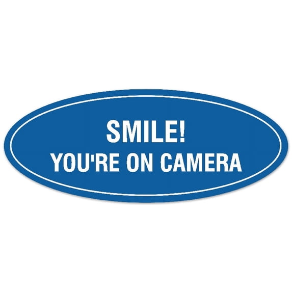 Signs ByLITA Oval Smile You're on Camera Sign - Laser-Engraved Lettering | Durable ABS Plastic | Vibrant Colors | Powerful Foam Tape (Blue) - Large
