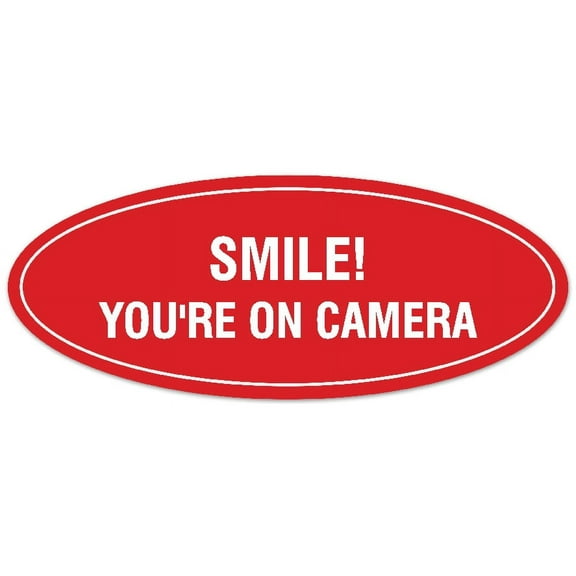 Signs ByLITA Oval Smile You're on Camera Sign - Laser-Engraved Lettering | Durable ABS Plastic | Vibrant Colors | Powerful Foam Tape (Red) - Small
