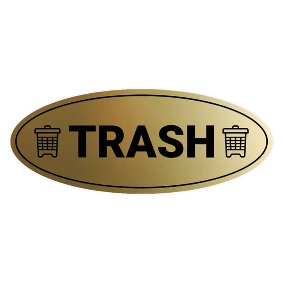 Signs ByLITA Oval Trash Sign - Laser-Engraved Lettering | Durable ABS Plastic | Vibrant Colors | Powerful Foam Tape (Brushed Gold) - Small