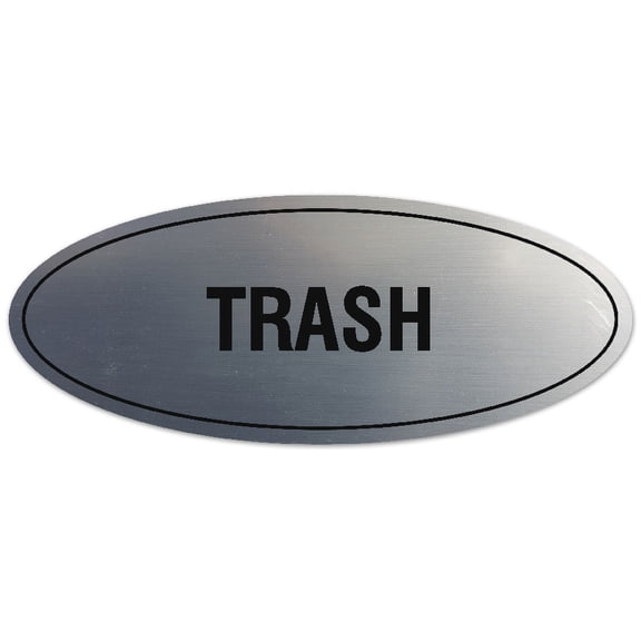 Signs ByLITA Oval Trash Sign - Laser-Engraved Lettering | Durable ABS Plastic | Vibrant Colors | Powerful Foam Tape (Brushed Silver) - Small