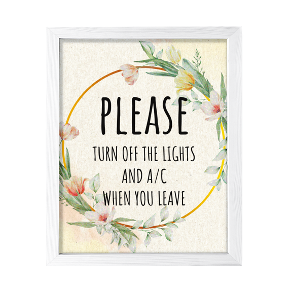 Signs ByLITA Please Turn Off The Lights And A/C When You Leave, Floral 11 x 14 White FRAMED Print Short Term Rentals Guest Signage Hospitality Wall Art