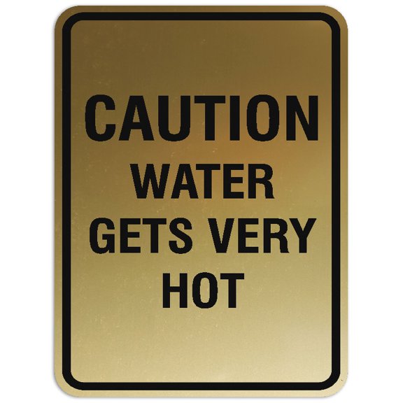 Signs ByLITA Portrait Round Caution water gets hot Sign - Laser-Engraved Lettering | Durable ABS Plastic | Vibrant Colors | Powerful Foam Tape (Brushed Gold) - Medium