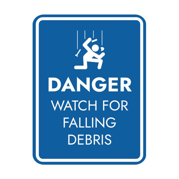 Signs ByLITA Portrait Round Danger Watch For Falling Debris Door or Wall Sign Easy Installation | Health And Safety | Building And Danger Sign (Blue) - Medium