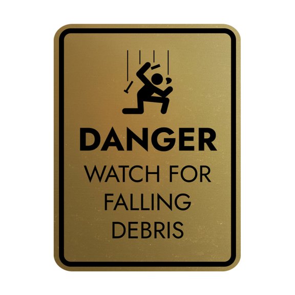 Signs ByLITA Portrait Round Danger Watch For Falling Debris Door or Wall Sign Easy Installation | Health And Safety | Building And Danger Sign (Brushed Gold) - Small
