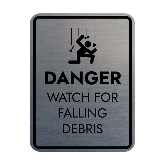 Signs ByLITA Portrait Round Danger Watch For Falling Debris Door or Wall Sign Easy Installation | Health And Safety | Building And Danger Sign (Brushed Silver) - Small
