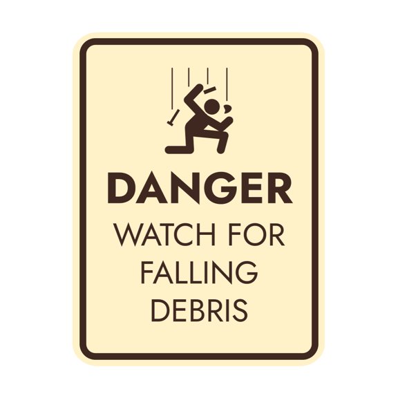 Signs ByLITA Portrait Round Danger Watch For Falling Debris Door or Wall Sign Easy Installation | Health And Safety | Building And Danger Sign (Ivory/Dark Brown) - Small