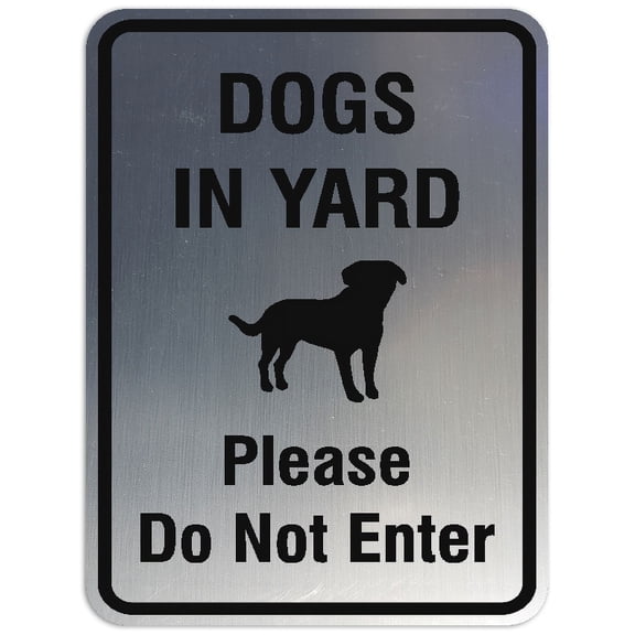 Signs ByLITA Portrait Round Dogs in yard please do not enter Sign - Laser-Engraved Lettering | Durable ABS Plastic | Vibrant Colors | Powerful Foam Tape (Brushed Silver) - Large