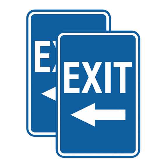 Signs ByLITA Portrait Round Exit Left Arrow Sign with Adhesive Tape (Blue) - Small (2 Pack)