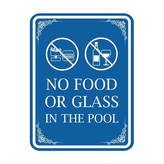 Signs ByLITA Portrait Round No Food or Glass In The Pool Door or Wall Sign Durable ABS Plastic | Laser Engraved | Easy Installation | Elegant Design | Pool Safety Sign (Blue) - Small