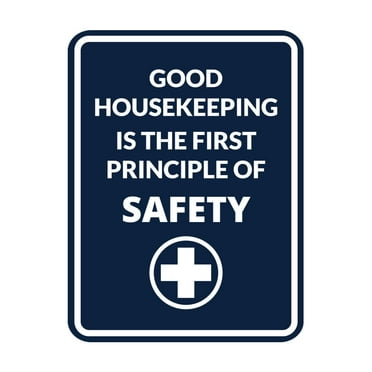 Signs ByLITA Portrait Round Good Housekeeping Is The First Principle Of Safety Door or Wall Sign Easy Installation | Health And Safety | Building And Danger Sign (Navy Blue / White) - Large