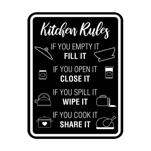 Signs ByLITA Portrait Round Kitchen Rules If You Empty It Fill It If you Open It Close It If you Spill It Wipe It If You Cook It Share It Sign (Black) - Medium
