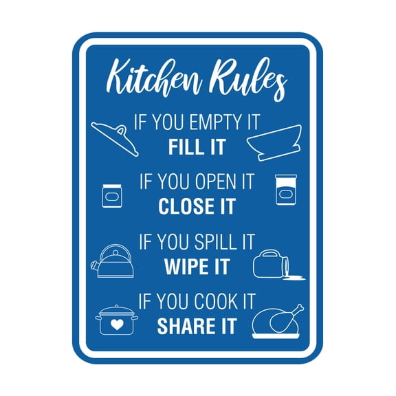 Signs ByLITA Portrait Round Kitchen Rules If You Empty It Fill It If you Open It Close It If you Spill It Wipe It If You Cook It Share It Sign (Blue) - Medium