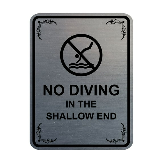 Signs ByLITA Portrait Round No Diving in The Shallow End Door or Wall Sign Durable ABS Plastic | Laser Engraved | Easy Installation | Elegant Design | Pool Safety Sign (Brushed Silver) - Medium