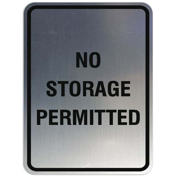 Signs ByLITA Portrait Round No Storage Permitted Sign - Laser-Engraved Lettering | Durable ABS Plastic | Vibrant Colors | Powerful Foam Tape (Brushed Silver) - Medium