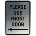 thumbnail image 1 of Signs ByLITA Portrait Round Please Use Front Door Left Arrow Sign - Laser-Engraved Lettering | Durable ABS Plastic | Vibrant Colors | Powerful Foam Tape (Brushed Silver) - Large, 1 of 2