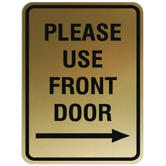 Signs ByLITA Portrait Round Please Use Front Door Right Arrow Sign - Laser-Engraved Lettering | Durable ABS Plastic | Vibrant Colors | Powerful Foam Tape (Brushed Gold) - Large