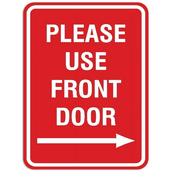 Signs ByLITA Portrait Round Please Use Front Door Right Arrow Sign - Laser-Engraved Lettering | Durable ABS Plastic | Vibrant Colors | Powerful Foam Tape (Red) - Large