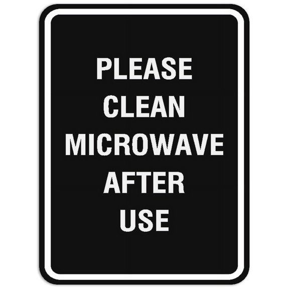 Signs ByLITA Portrait Round Please clean microwave after use Sign - Laser-Engraved Lettering | Durable ABS Plastic | Vibrant Colors | Powerful Foam Tape (Black) - Small