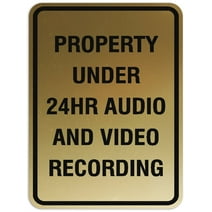 Signs ByLITA Portrait Round Property Under 24hr Audio and Video Recording Sign - Laser-Engraved Lettering | Durable ABS Plastic | Vibrant Colors | Powerful Foam Tape (Brushed Gold) - Medium